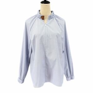 Tibi Blue White Thin Stripe Long Sleeve Zip Neck Collarless Poplin Career Top